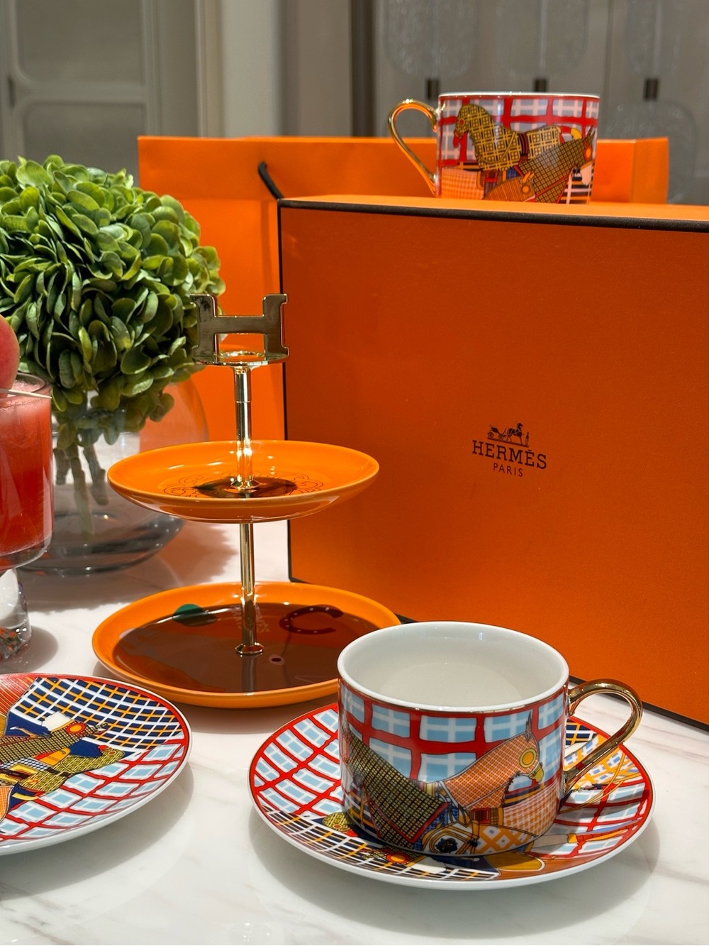 Hermes Multicolor Plaid & Horse Porcelain Tea Cup with Orange Two-Tier Stand